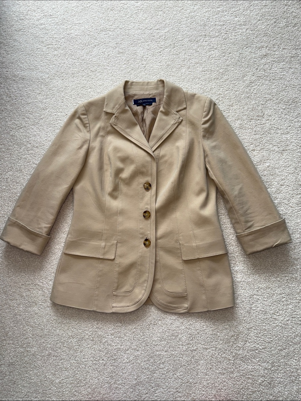 AK Anne Klein Tan Khaki Stretch Blazer 3/4 Sleeve Lined Size 8